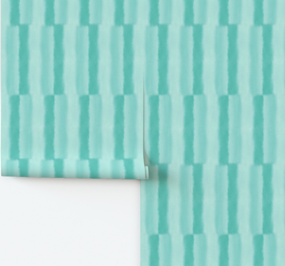 Teal fabric with a striped watercolor pattern on a white background by Erica MacDonald.