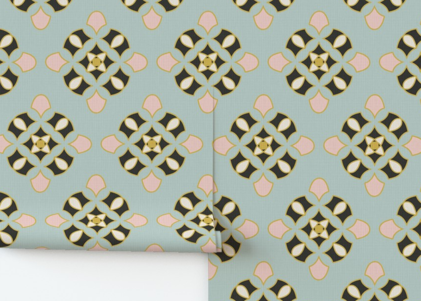 Roll of wallpaper with a geometric pattern on a light blue background