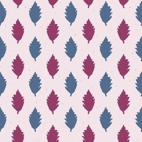 Pattern of blue and red leaves on a light pink background