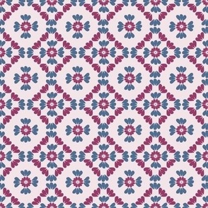 Pattern of blue and pink flowers on a white background