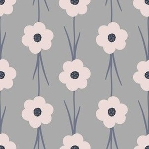 Pattern of pink flowers with black centers on a gray background