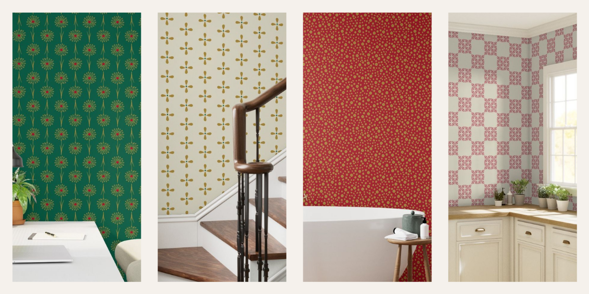 Four different patterns of wallpaper from the Modern Christmas Collection by Erica MacDonald applied to various rooms.