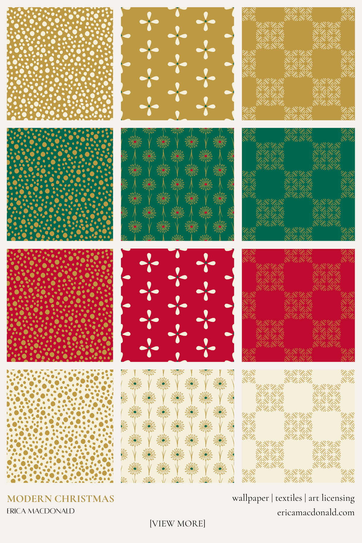 Collection of modern Christmas patterns in gold, green, and red on a white background by Erica MacDonald.
