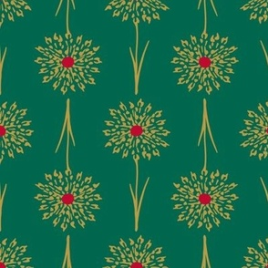 Pattern of stylized flowers with red centers on a green background