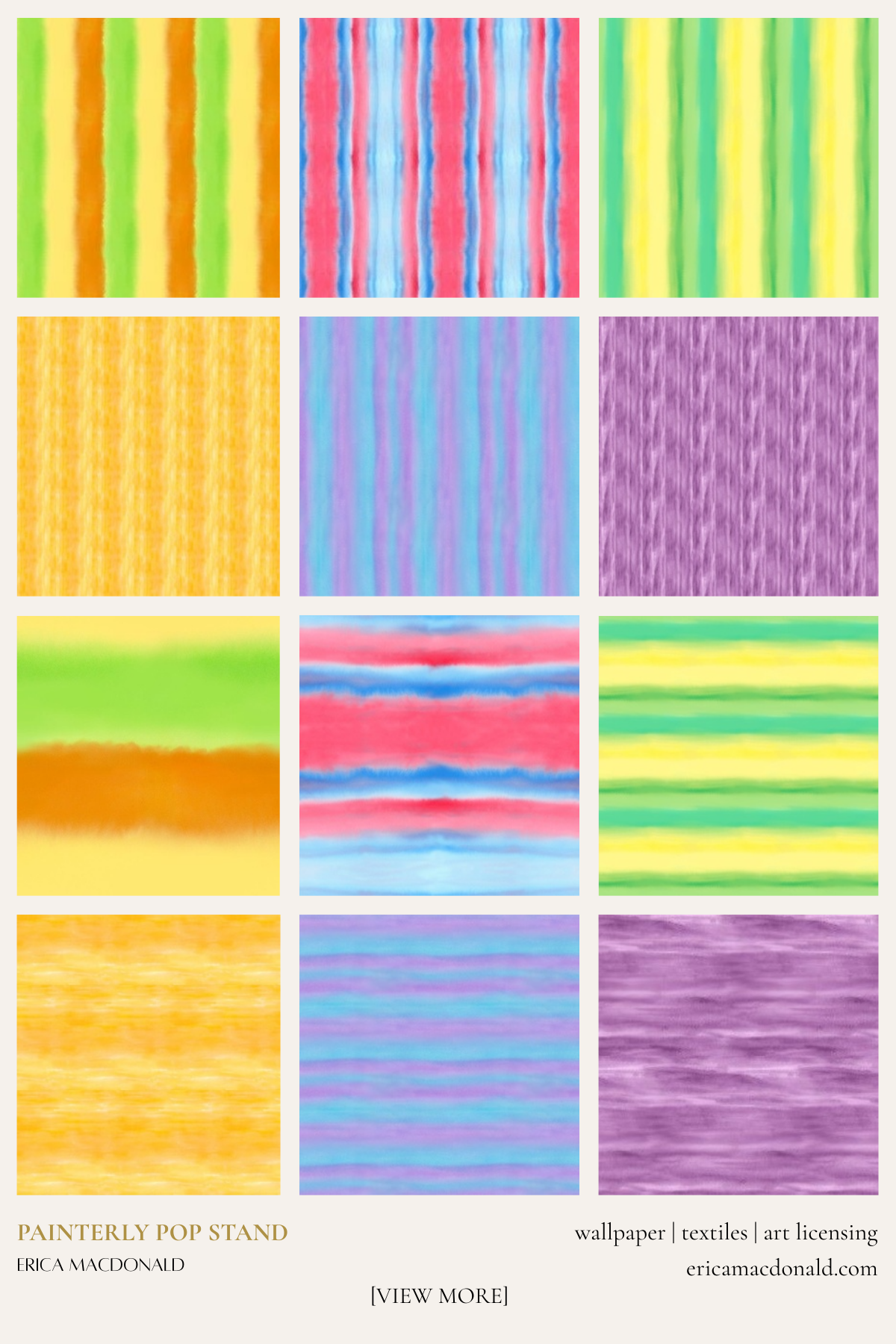 Grid of colorful textured painterly patterns by Erica MacDonald with text at the bottom.