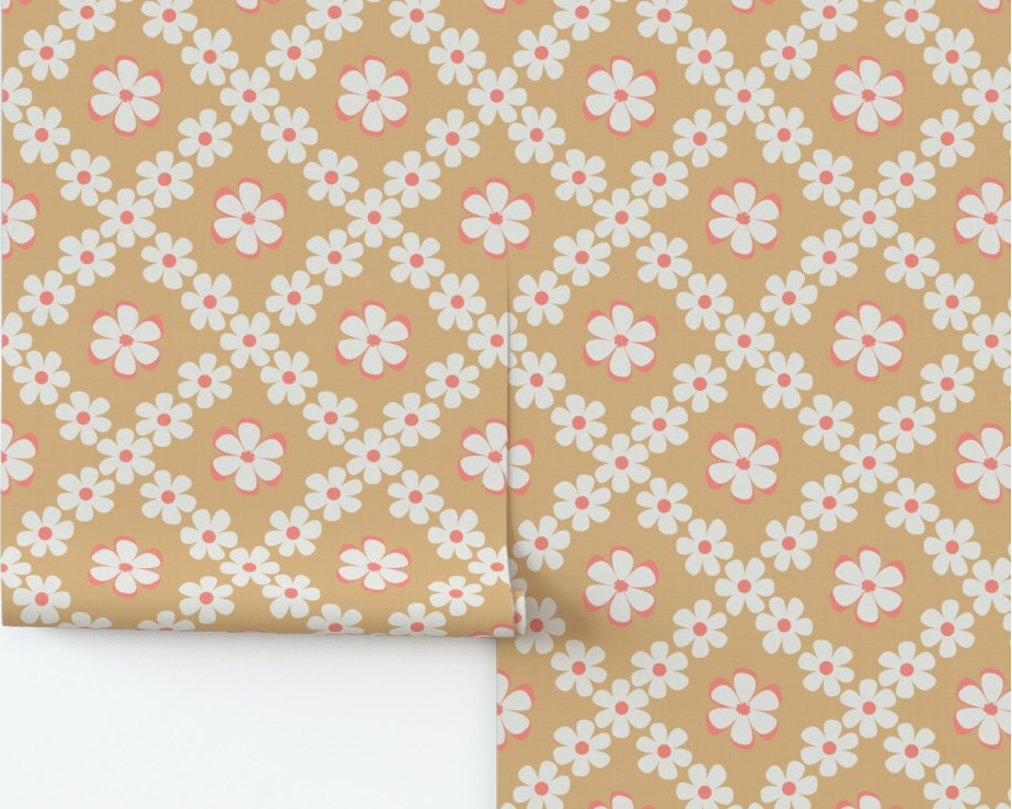 Floral patterned paper with pink flowers on a beige background