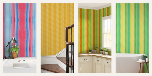 Four different rooms with colorful Pop Stand Collection striped wallpaper by Erica MacDonald.