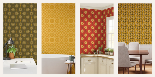 Four different retro 1960s patterns of wallpaper by Erica MacDonald applied to various rooms.