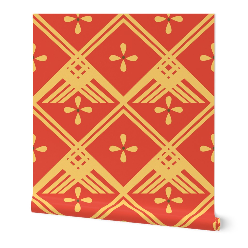 Sixties style orange and yellow floral mosaic wallpaper by Erica MacDonald