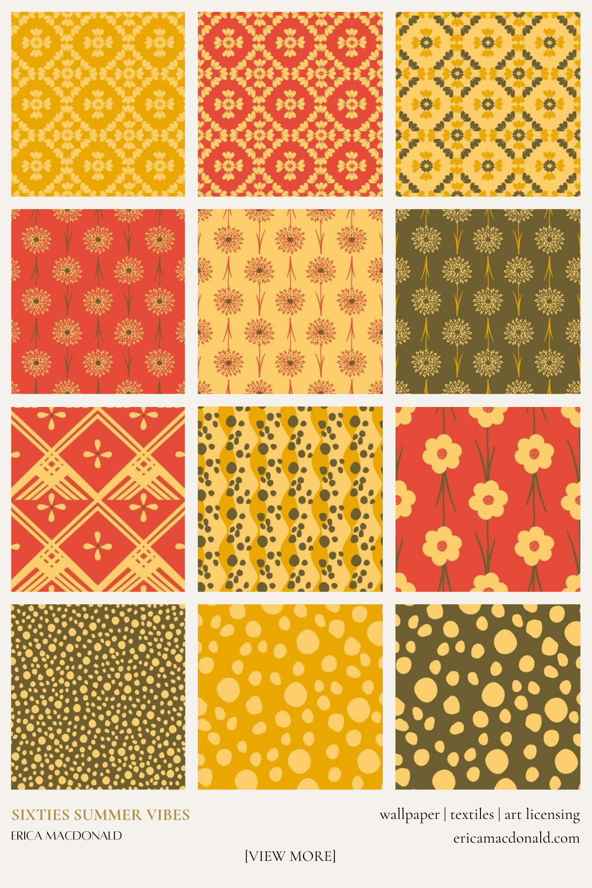 Grid of colorful patterns in red, yellow, and green on a white background in a retro sixtes style by Erica MacDonald.