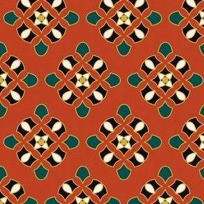 Patterned design with geometric shapes on a red background