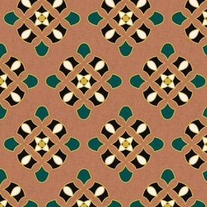 Decorative pattern with gold and teal elements on a brown background