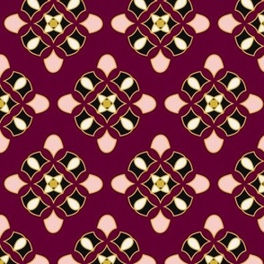 Pattern of gold and pink geometric shapes on a purple background