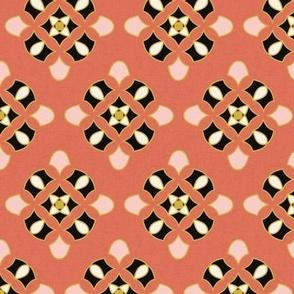Pattern of black and gold geometric shapes on a pink background