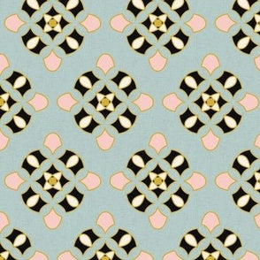Pattern of black and gold geometric shapes on a light blue background