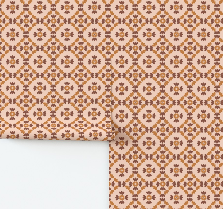 Boho floral mosaic wallpaper in earth tones by Erica MacDonald.