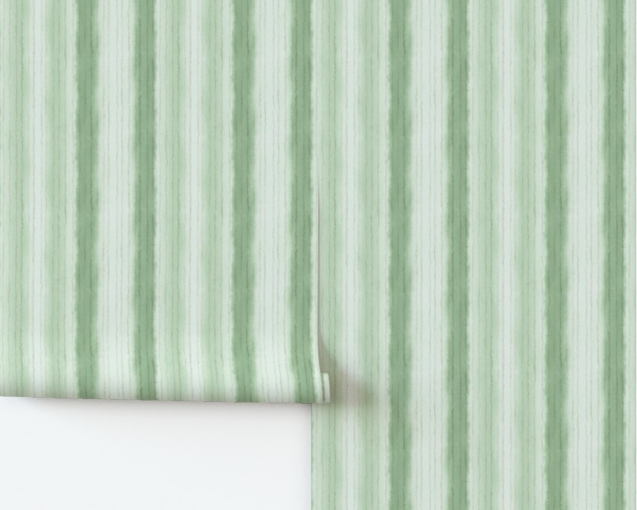 Green and white striped wallpaper swatch on a white background