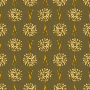 Pattern of gold allium flowers on a brown background