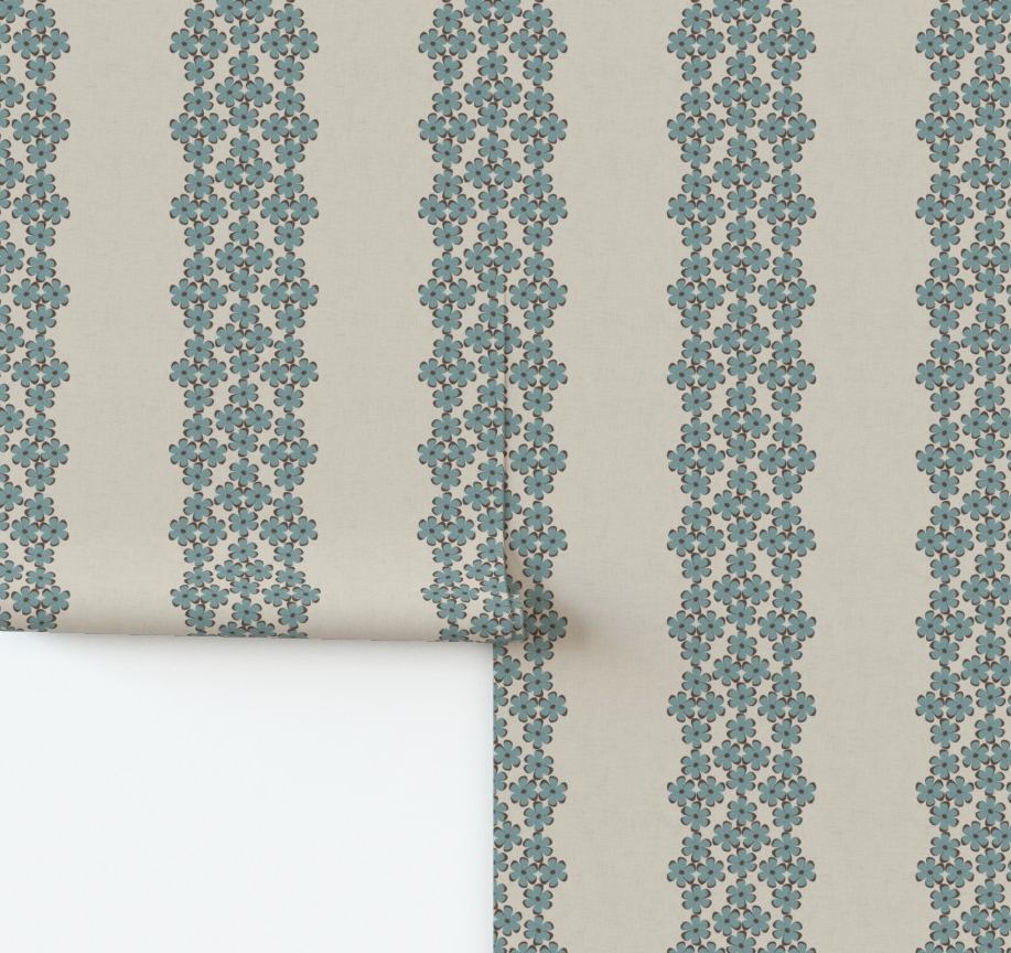 Roll of English Cottage floral scallop stripe wallpaper on a beige background.