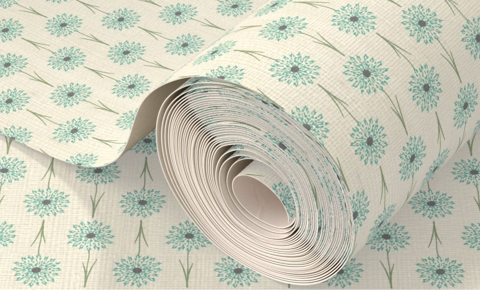 Roll of wallpaper with a floral pattern on a light background