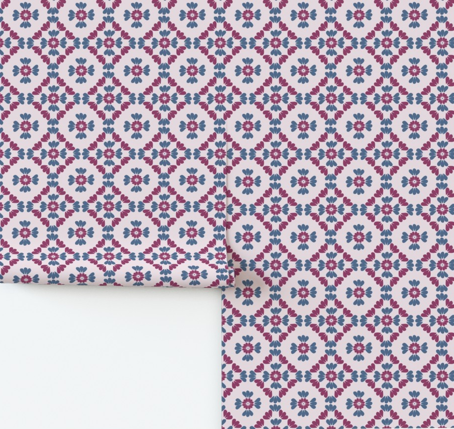 Floral geometric tile wallpaper with pink and blue flowers on a white background by Erica MacDonald.