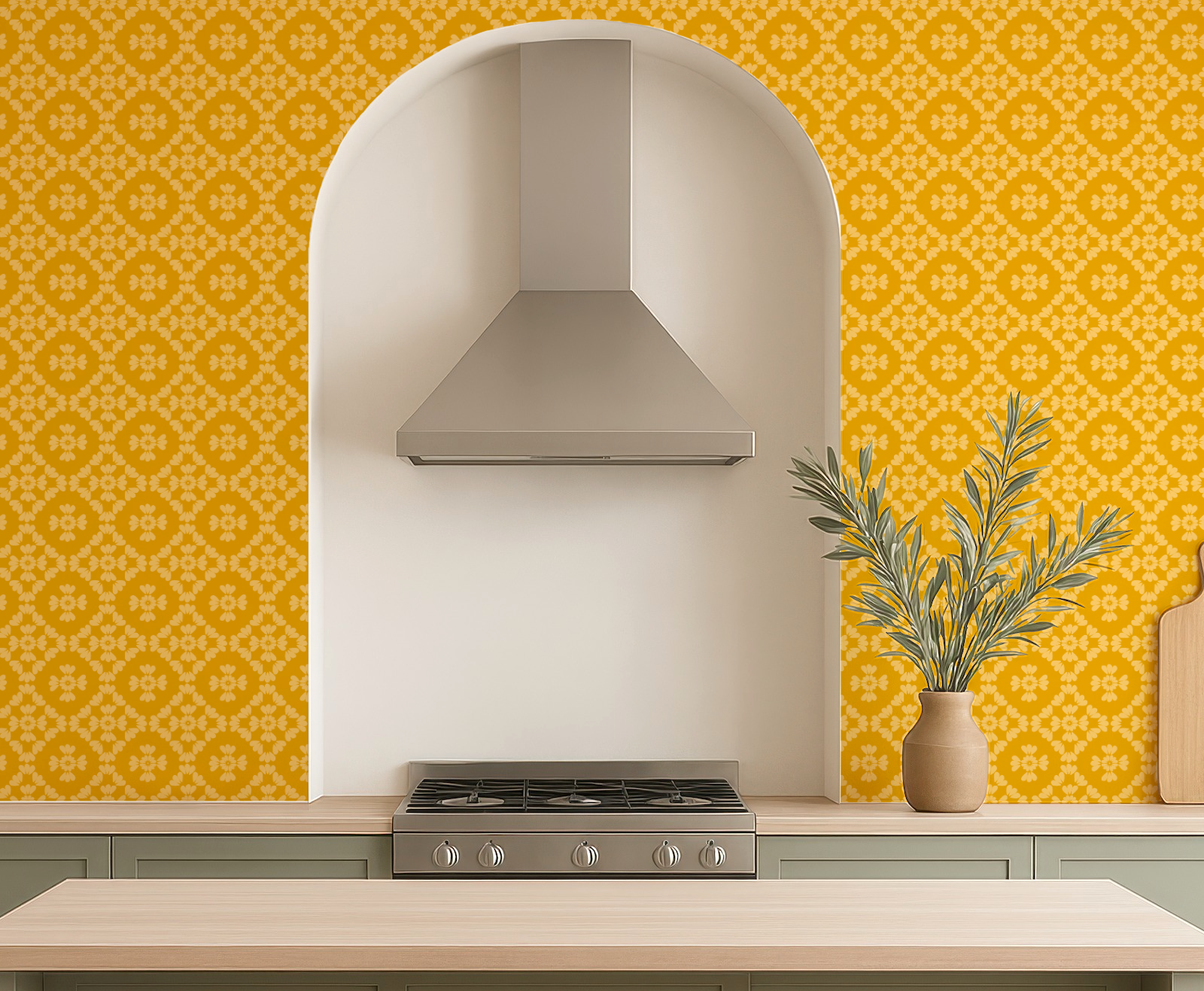 Retro Traditional floral mosaic tile kitchen wallpaper by Erica MacDonald.