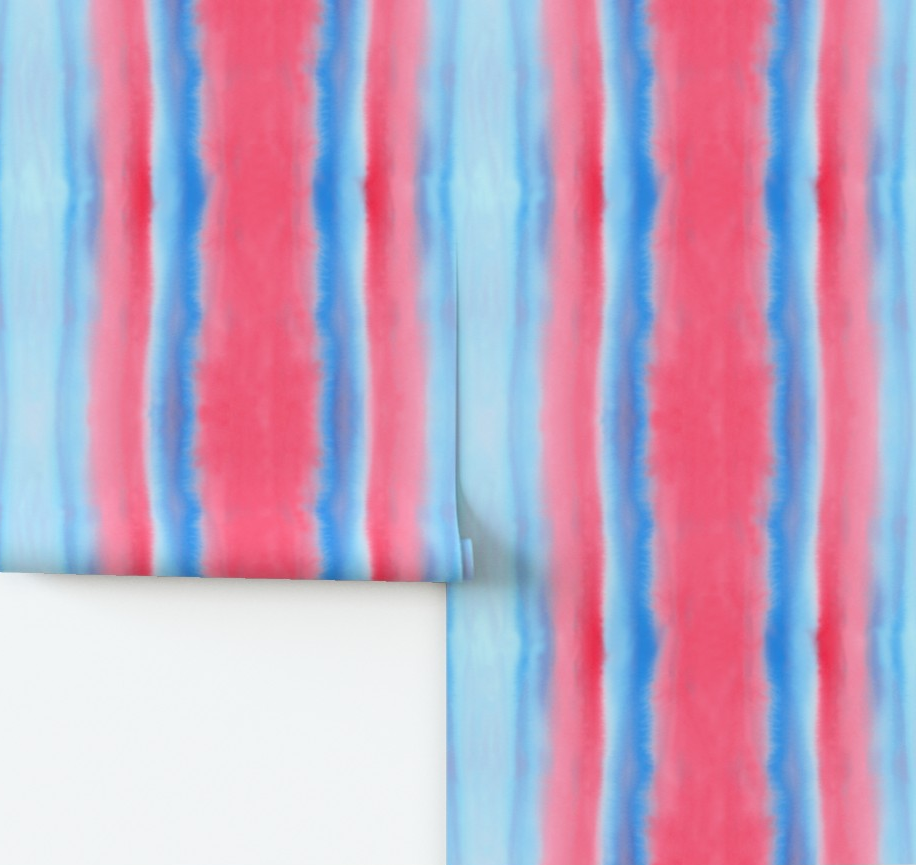 Wallpaper with hand-painted red and blue striped wallpaper pattern on a white background.