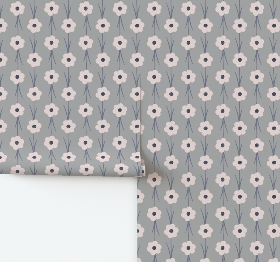 Floral patterned paper with small white flowers on a gray background