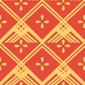 Red fabric with yellow geometric pattern