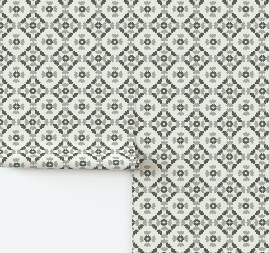 Wallpaper with a floral geometric pattern on a white background