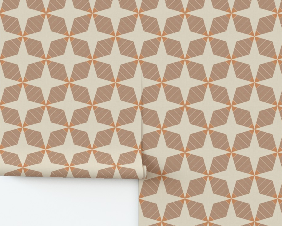 Roll of wallpaper with geometric star pattern on a white background