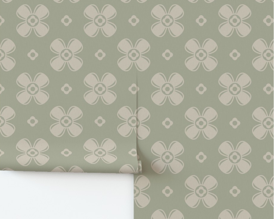 Moss green sage and taupe floral wallpaper. 