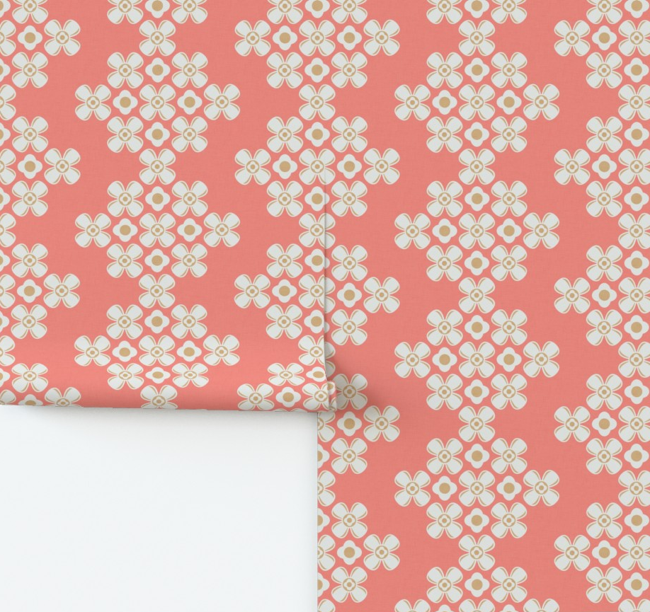 Floral patterned fabric with white daisy flower wallpaper on a coral background by Erica MacDonald.