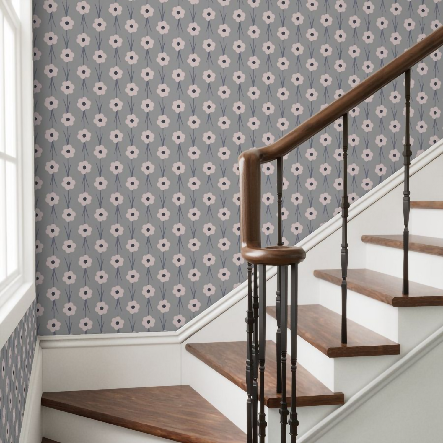 Pink and gray floral mid century modern wallpaper by Erica MacDonald.