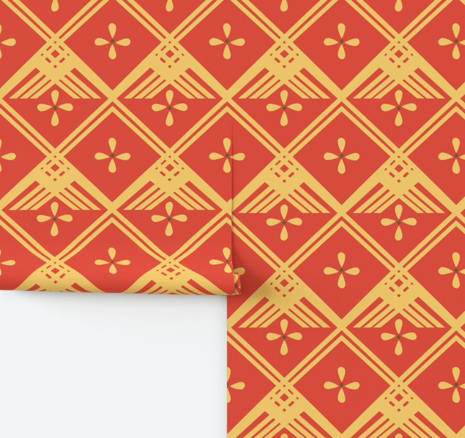 Orange wallpaper with yellow floral geometric pattern  by Erica MacDonald