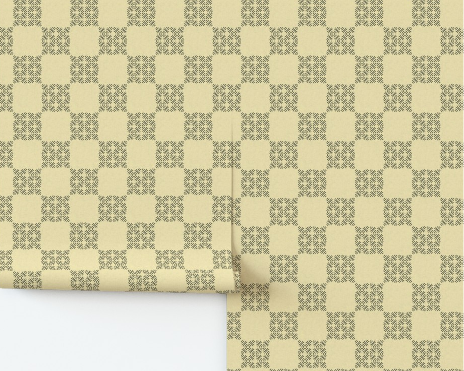 Roll of patterned wallpaper with geometric design on a white background
