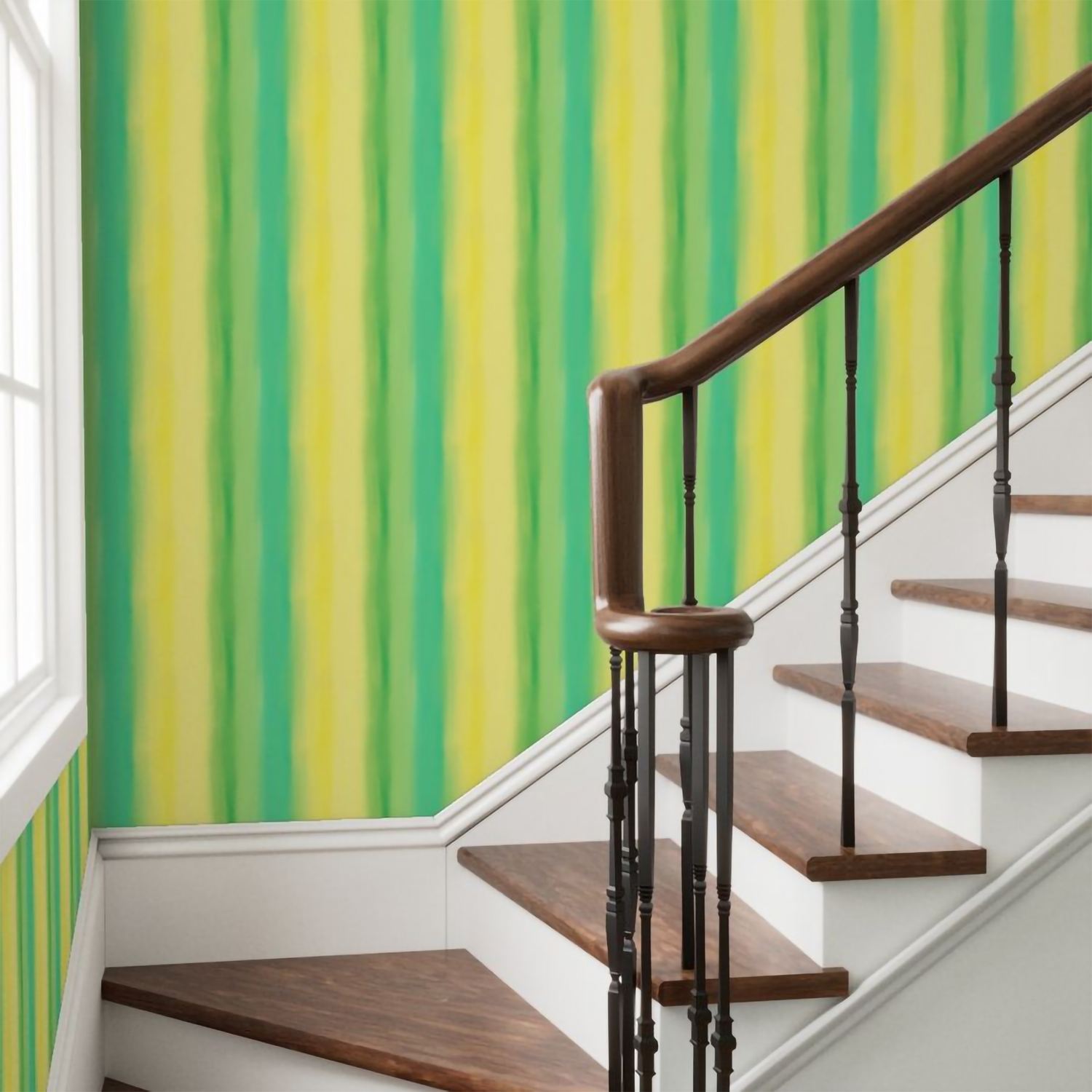Staircase with wooden steps and a brown handrail against a green and yellow striped wall.